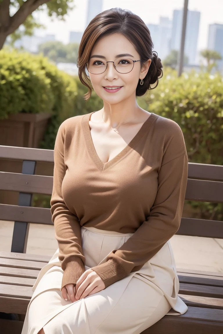 Full body shot 1.6，，50 years old，(Beautiful breasts)Mature Woman,detailedな目，Wrinkles around the eyes1.6，A kind smile,(((Plump body 1.8))),(masterpiece:1.6, Highest quality), 複雑なdetailed, Written boundary depth，detailed, （light brown　V-neck sweater　Long skirt 1.6)，8k,Highest quality, masterpiece, Ultra-high resolution,, (Updo)、garden、Sitting on a bench、Are standing　Look forward、Smiling、Glasses
