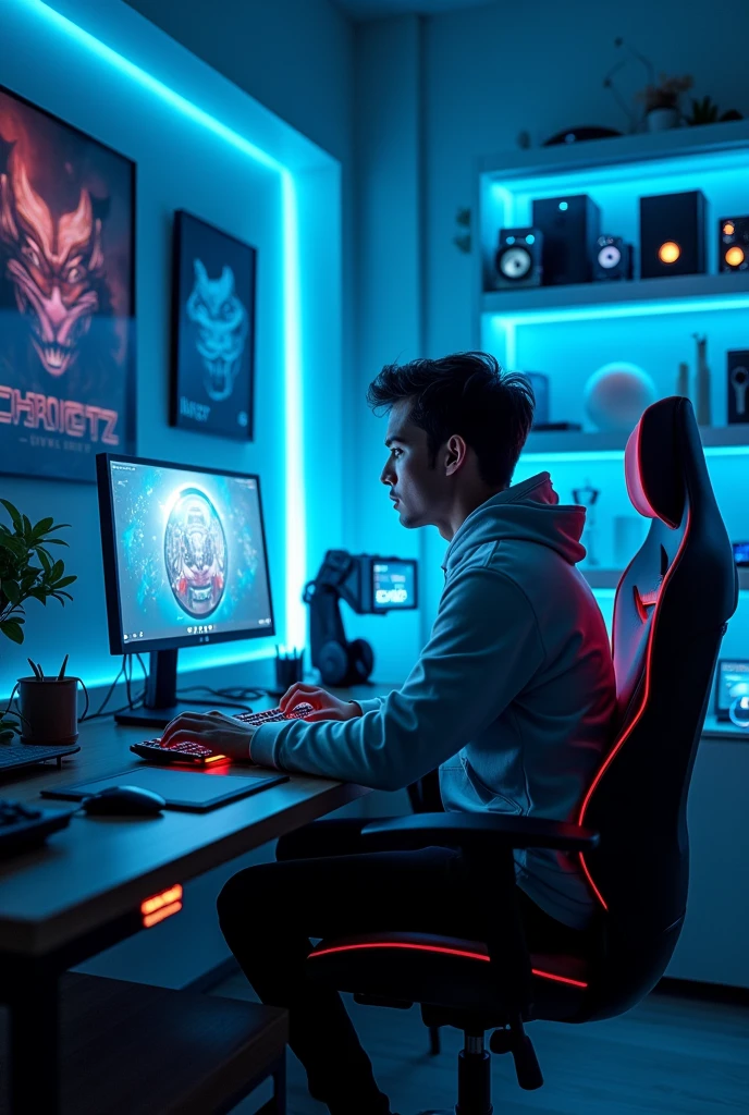 The environment is illuminated by soft blue LED lights, casting a cool glow around him. He is sitting at a sleek gaming desk filled with high-tech equipment, including a gaming monitor, keyboard, and mouse. The background features various gaming posters and futuristic decor, enhancing the immersive atmosphere of the space. His expression is focused and engaged, reflecting the intensity of his gaming experience.