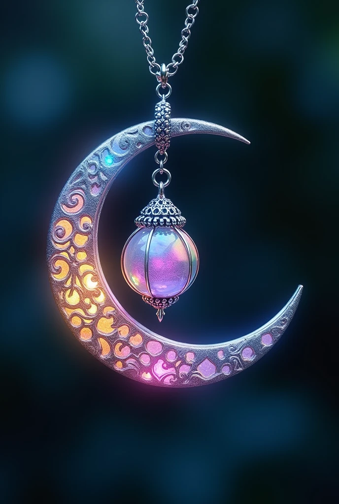 This is an enchanting crescent moon necklace, featuring a glowing, luminescent design. The crescent moon pendant is large and dominates the design, curving gracefully with a delicate filigree pattern that adds intricate detail to its surface. The crescent has a soft, radiant Rainbow glow that emanates from within, creating a magical and otherworldly effect. Hanging from the inside of the crescent moon is a small, spherical crystal or orb, encased in an ornate, silver metal cage. The orb also emits a faint Rainbow glow, harmonizing with the light of the crescent moon. The metal cage surrounding the orb is intricately designed, with delicate swirls and loops that add a touch of elegance and complexity. The pendant is attached to a fine, silver chain that complements the overall design. The chain is simple and unobtrusive, allowing the focus to remain on the glowing crescent moon and orb pendant. The overall aesthetic of the necklace is mystical and celestial, perfect for someone who appreciates unique, fantasy-inspired jewelry with a touch of magic.