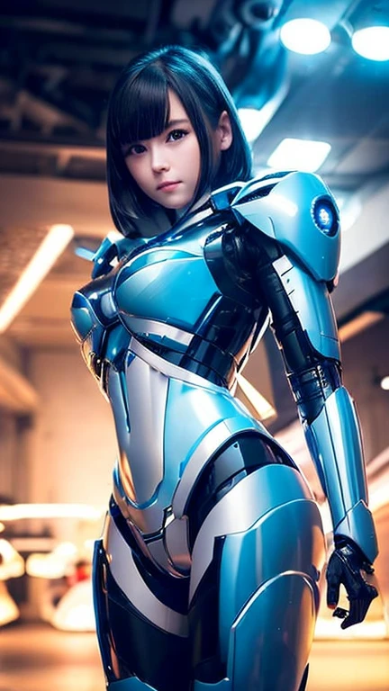 Wide-angle shot, 1 female, Mecha, Glowing blue-black eyes, Very cute face, (Realistic:1.37), バイオMechaニカル, Spaceship interior bokeh background, Ultra-realistic, Very detailed, Very intricate details, Beautiful woman in focus