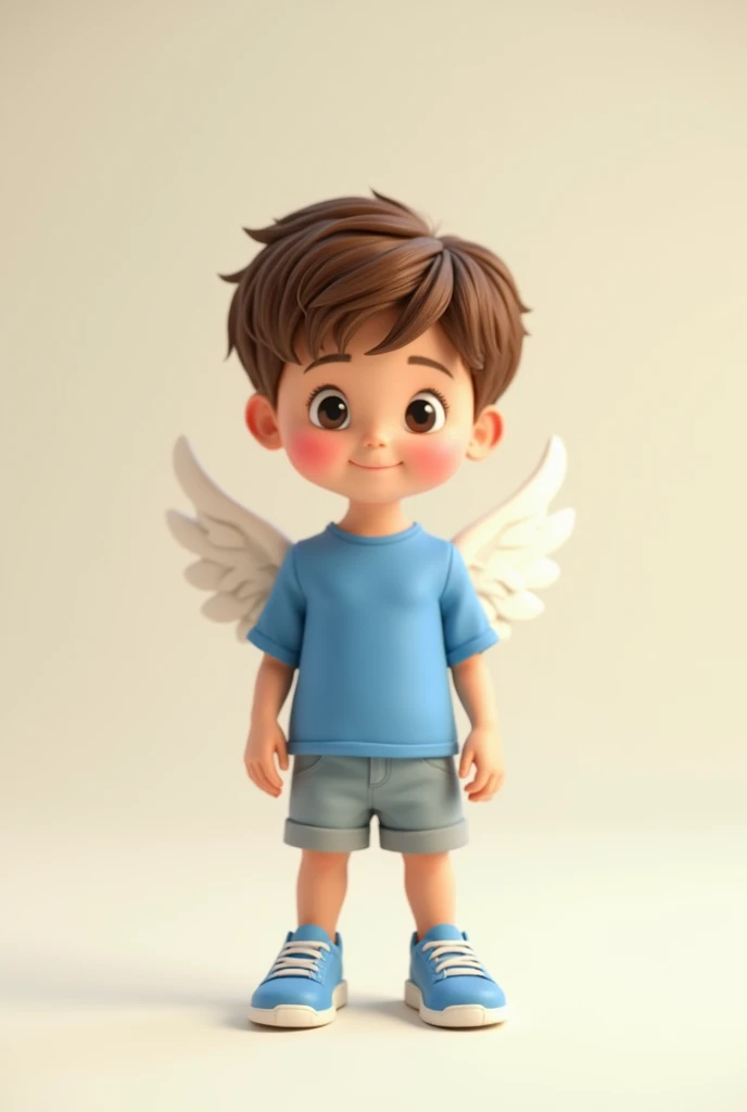 Cute white boy, standing. Wearing blue shirt and blue sneakers. Has a fluffy brown hair. Clean look.