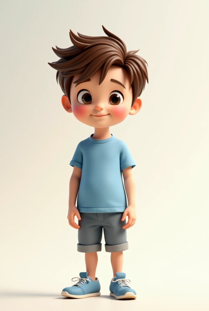 Cute white boy, standing. Wearing blue shirt and blue sneakers. Has a fluffy brown hair. Clean look.