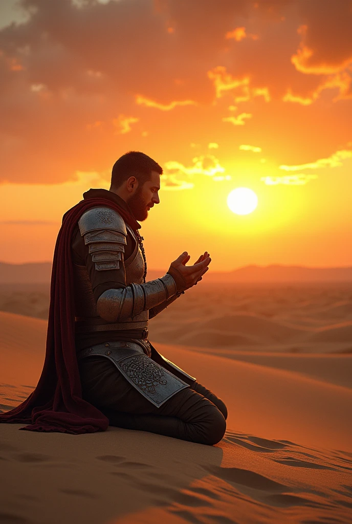 Man wearing battle gear in desert praying to God at sunset