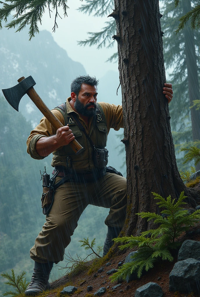 Man with axe cutting the tree in rain on the mountain