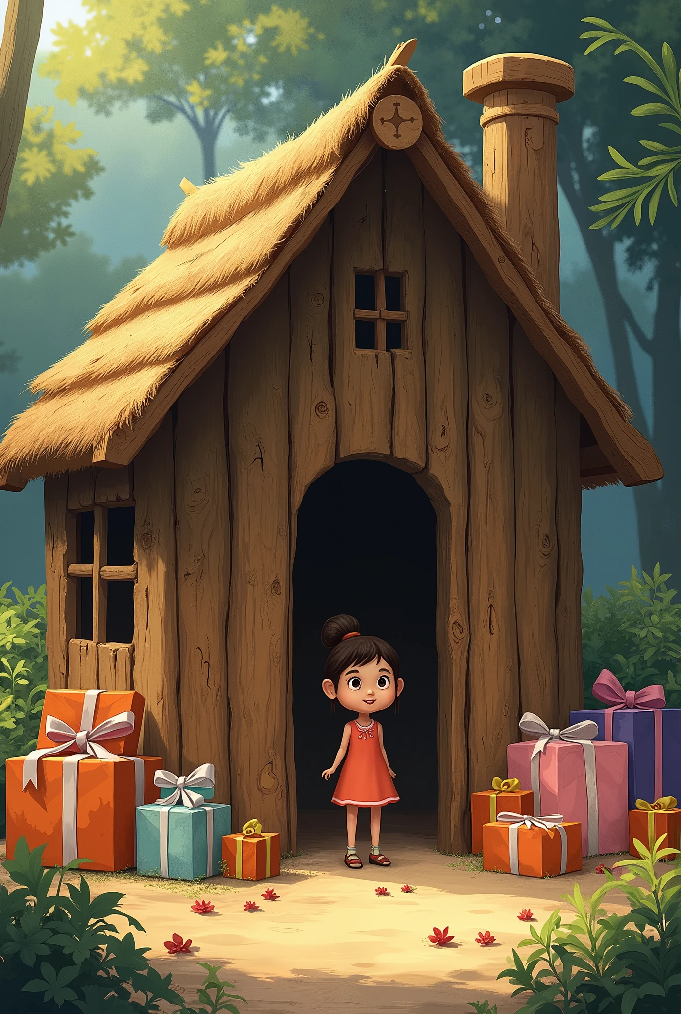 A little house made of sticks with a girl outside and that says El Rinconcito De Jeimy and that there are many gifts around it