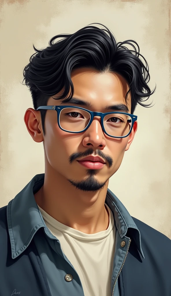 I am a man with short, black, wavy hair with an American cut., with very black eyebrows, with a round face and a little cheeks, lips a little thick, I wear blue framed glasses with square lenses. I&#39;m 2 and I like games, thin black mustache and beard. In a somewhat Asian style I don&#39;t wear earrings. I&#39;m a little strong and a little full 