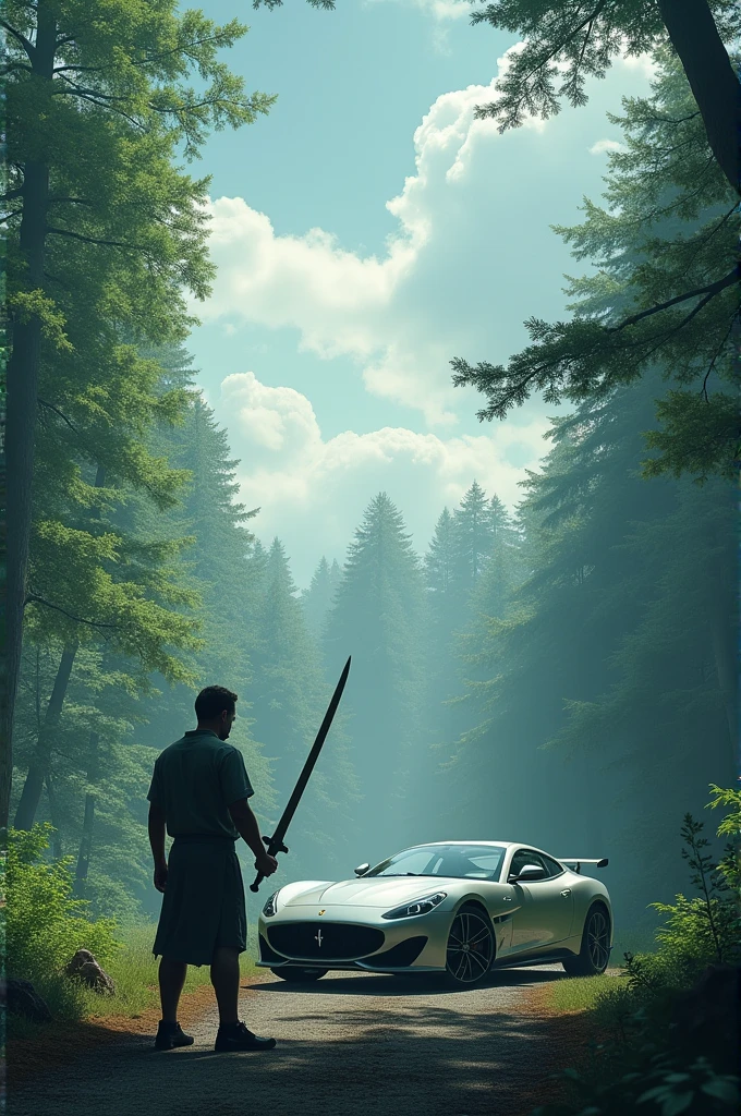 Background forest with cloud sky a man has handed sward and with sports car