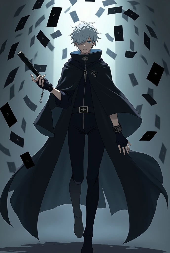 create a male anime character with appearance and clothes like sasuke uchiha, Akatsuki, your main weapon is the use of cards like the tulbacaim from hellsing - the hair should not be too long, your outfit should be minimalist - the cards should be black with silver details. Clothing should follow the pattern of the anime Jujutsu Kaizen without belts or buttons., the cards must surround him, White hair, your hand is making movements controlling the cards, the clothes cover the whole body, ele utiliza um sobretudo Akatsuki, he has a staff like gambit's