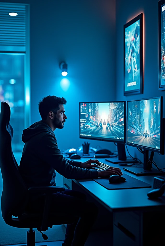 The environment is illuminated by soft blue LED lights, casting a cool glow around him. He is sitting at a sleek gaming desk filled with high-tech equipment, including a gaming monitor, keyboard, and mouse. The background features various gaming posters and futuristic decor, enhancing the immersive atmosphere of the space. His expression is focused and engaged, reflecting the intensity of his gaming experience.