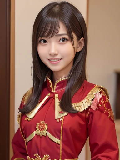 Japanese female, (underweight), (medium bust best quality:1.5), 30 years old, (cheerful grin:1.3),((red warrior clothes)), full body shot