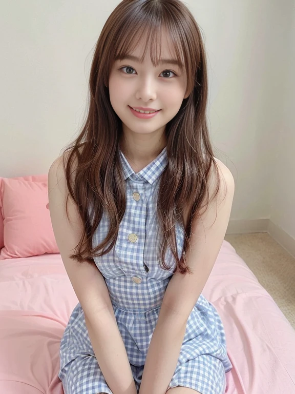 photo realistic, best quality, masterpiece, photo of over the knees, a Japanese pretty girl, pretty face, symmetrical eyes, eye contact, smile, petit, flat chest, blue gingham check dress, bed room