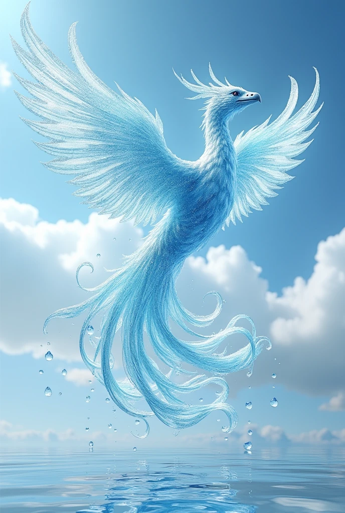 A majestic phoenix formed entirely out of clear, sparkling water, gracefully rising with wings outstretched. The phoenix’s body shimmers as light passes through the transparent water, creating delicate ripples and reflections. The wings are large and flowing, like cascading waterfalls, with droplets of water trailing off as it soars. The bird’s tail feathers spiral down elegantly, resembling streams of water. The background is a serene, blue sky with a few wisps of clouds, emphasizing the purity and beauty of the water phoenix