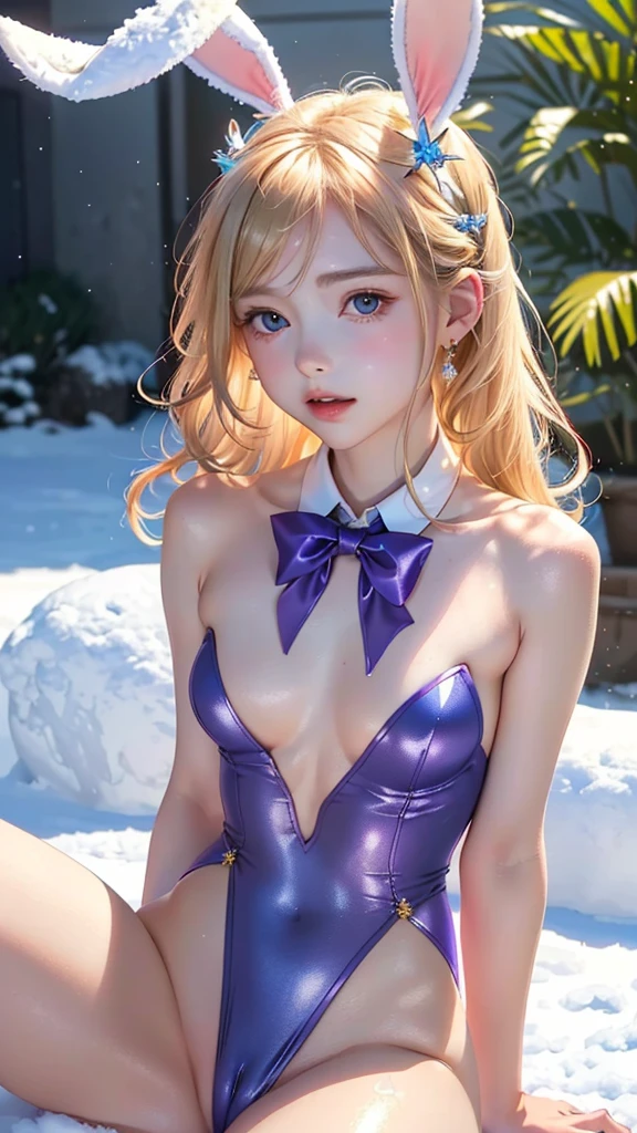 masterpiece, best quality, extremely detailed CG unity 8k wallpaper,((Upper Body)) ,((Upper Body head close-up shot of a beautiful little girl)), , Elegant Long straight blonde hair, (Mckenna Grace), ((flat chest,thighs,Autoluminescence skin)),Transparent (purple-blue) golden (Glittering tutu,long Bunny Ear Headgear, , Bow-tie, No panties, genitals visible), ((sitting,spread legs)),(), (Blush), , (), (A world of ice and snow), pretty face, key art, award winning, intricate detail realism hdr, by (ruan jia and artgerm and range murata), Photorealism, Hyperrealism, ultra realistic, dramatic light, intense shadows, gorgeous view, depth of field
 ,ชุดรัดรูป, camel toe, โชว์กางเกงใน , โชว์หน้าอก, หัวนม,