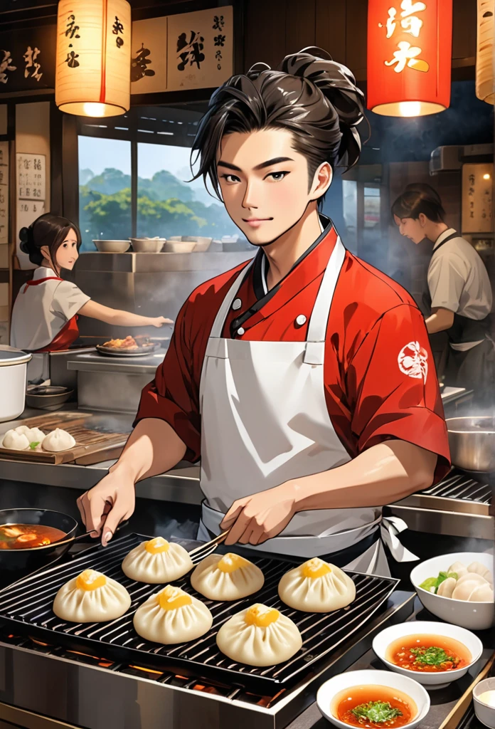 One man with a sturdy build、Asymmetrical hairstyle、The dumplings are cooked beautifully、The food is grilled facing the counter in a slightly dark shop.