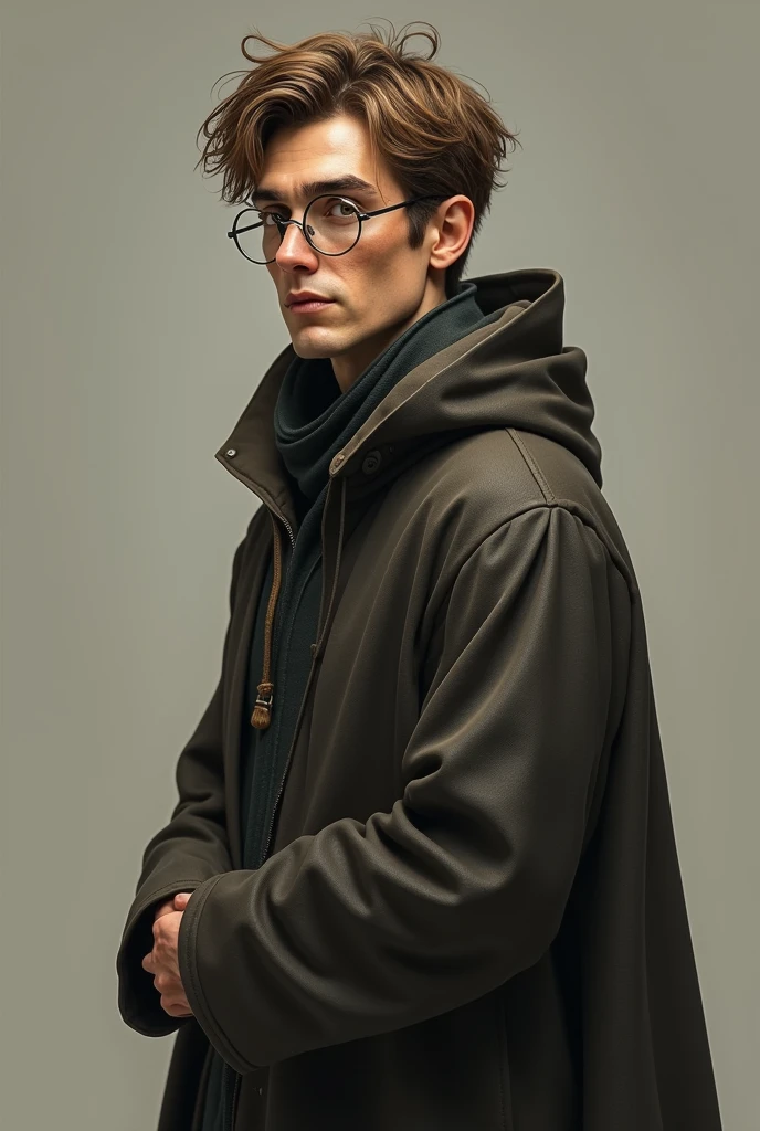 (photorealism:1.2), mousy man with disheveled tousled short light brown hair and silver thin round glasses in a long cloak no facial hair with few brown freckles
