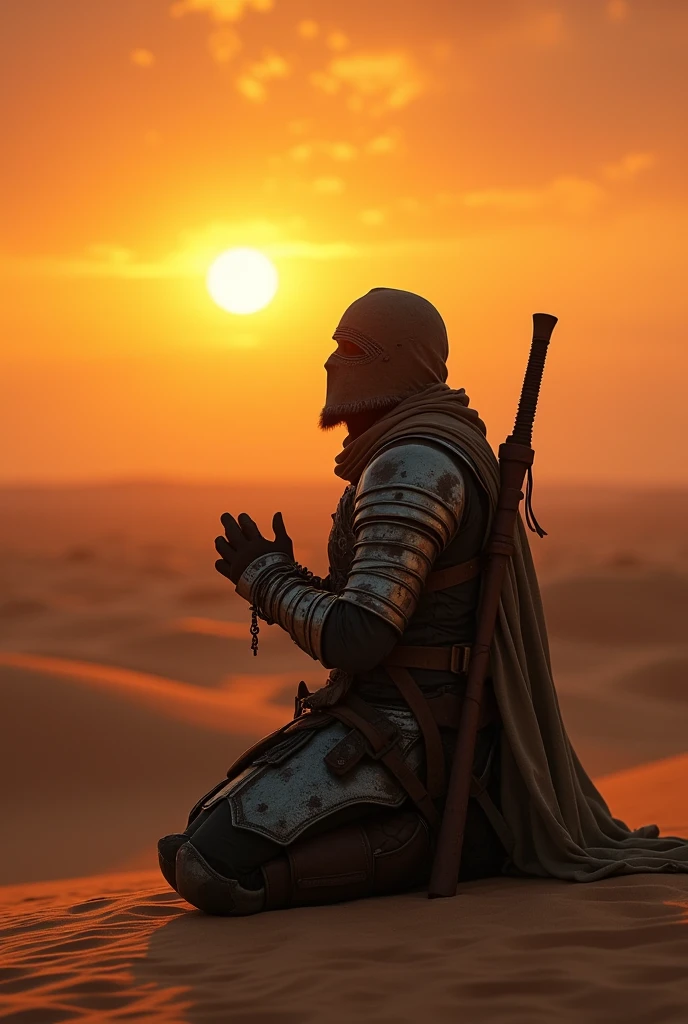Man wearing battle gear, masked in desert, praying to God at sunset