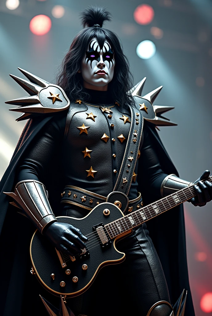 "Kiss of Emotion" takes on a rock star aesthetic with a theatrical flair. It has a glossy, black-and-silver outfit resembling a mix of glam rock and medieval armor, with star-shaped motifs and a dramatic cape. The Stand's face is adorned with stylized makeup, reminiscent of the iconic look of the band KISS, and it has a pair of large, expressive eyes that seem to change color based on the emotions it channels and is Male and has a guitar