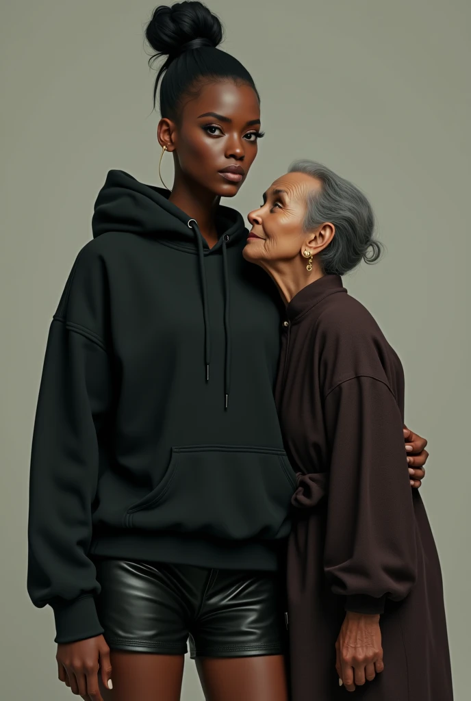 black woman hair in a bun black hoodie   black leather short shorts   a old grandma in a dress on her knees kissing her ass behind her


       