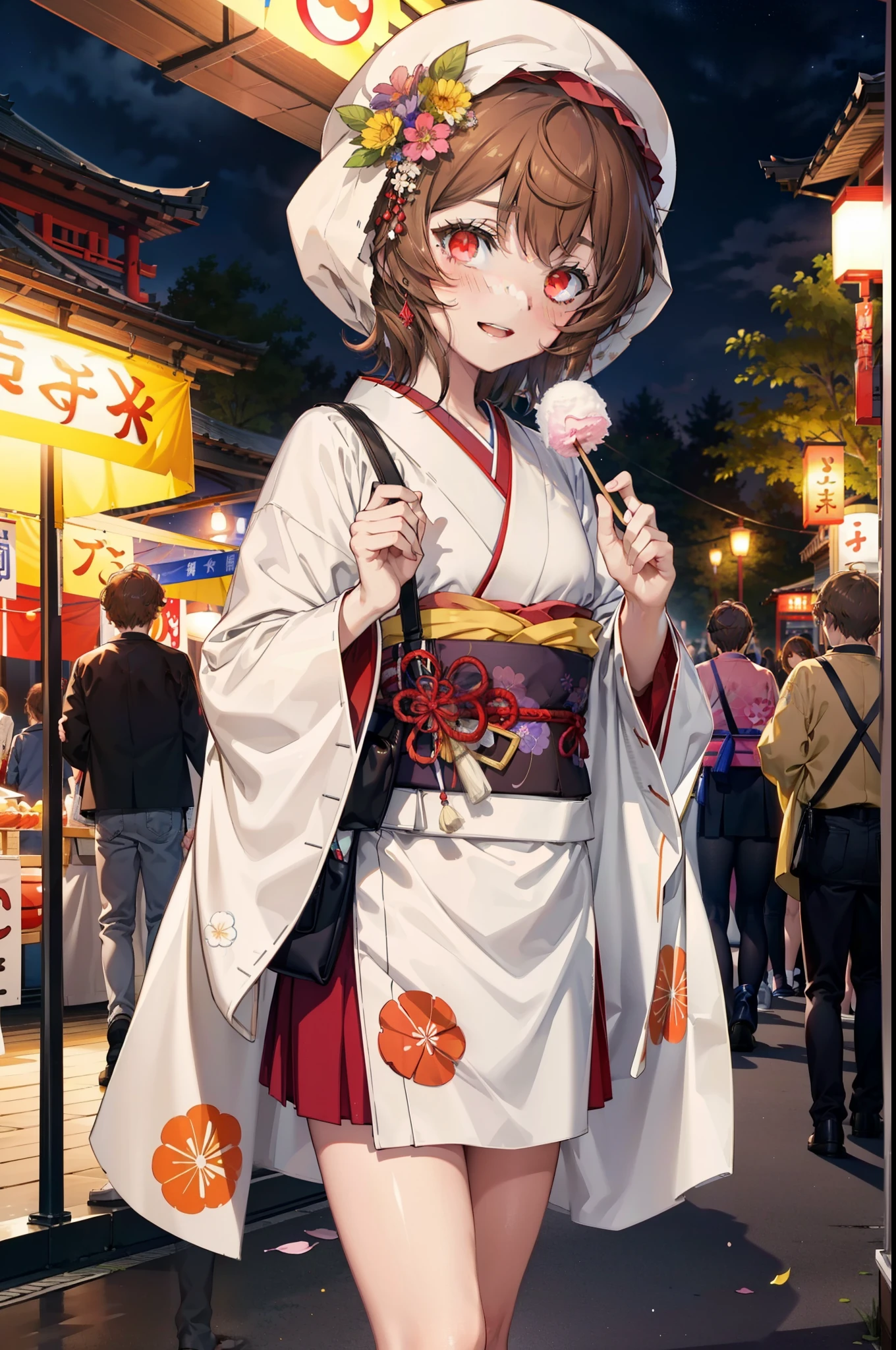 Lililukarde,  (Brown eyes:1.7), Brown Hair, (Flat Chest:1.2), short hair,smile,blush,Open your mouth,night,Brown kimono,mini skirt,He is holding cotton candy in his right hand and a clear bag full of cotton candy in his left hand.,Japanese Festivals,Summer festival food stalls,Red lantern,whole bodyがイラストに入るように,
break looking at viewer,whole body, (Cowboy Shot:1. 5),
break outdoors, Veranda,
break (masterpiece:1.2), Highest quality, High resolution, unity 8k wallpaper, (figure:0.8), (Beautiful attention to detail:1.6), Highly detailed face, Perfect lighting, Highly detailed CG, (Perfect hands, Perfect Anatomy),