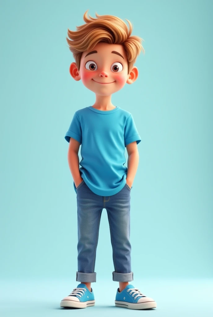 Happy white boy, standing. Wearing blue shirt and blue sneakers. Has a fluffy brown hair. Clean look.