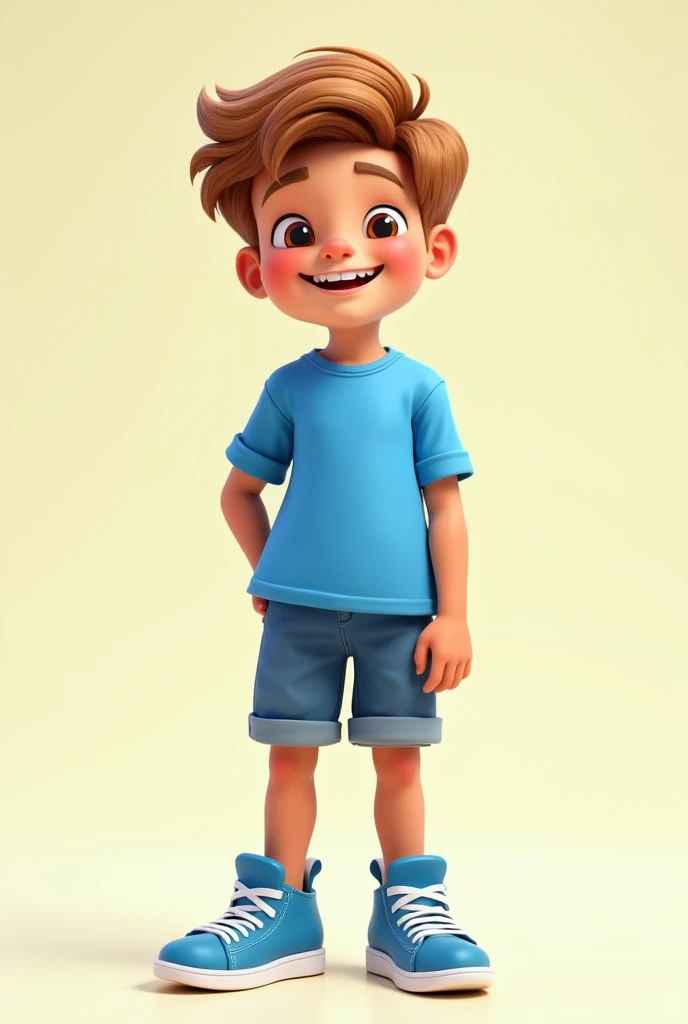 Happy white boy, standing. Wearing blue shirt and blue sneakers. Has a fluffy brown hair. Clean look.