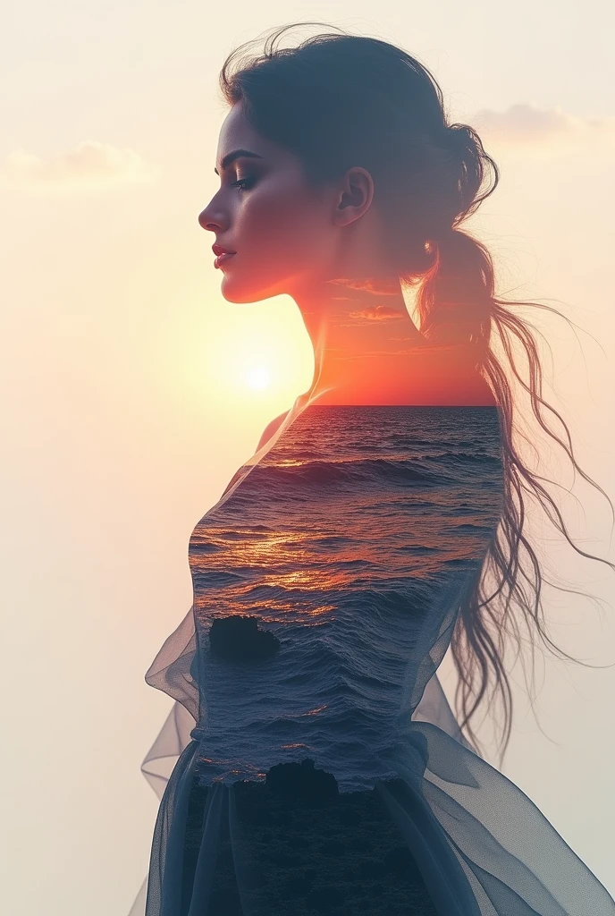 high quality, 8K Ultra HD, A beautiful double exposure that combines an goddess silhouette with sunset coast, sunset coast should serve as the underlying backdrop, with its details incorporated into the goddess , crisp lines, The background is monochrome, sharp focus, double exposure, by yukisakura, awesome full color,