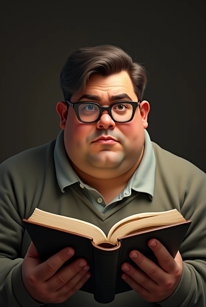 Make a portrait of a 20 year old guy, fat with parted hair, square glasses and a bible in hand from the chest up