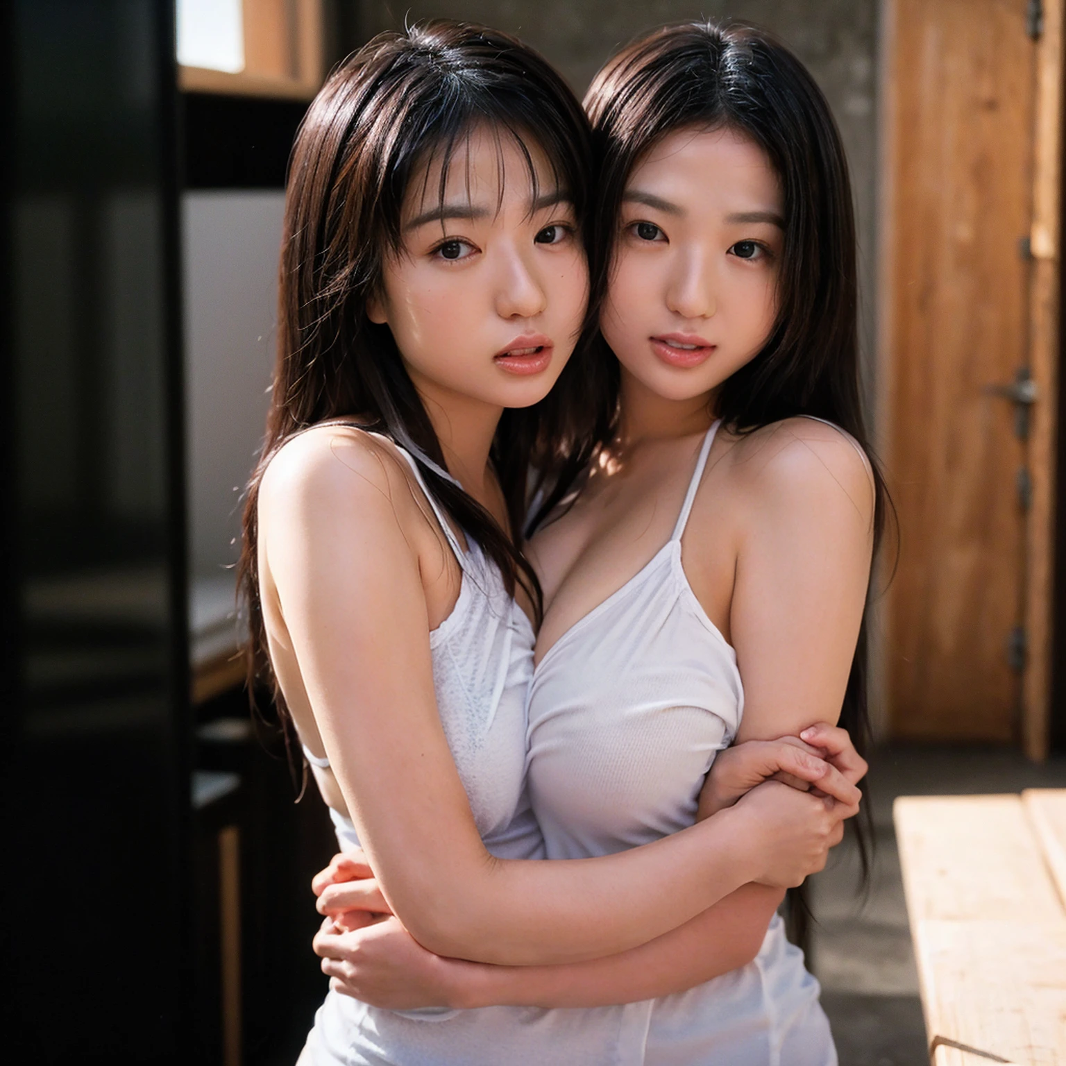 Realistic pretty Japanese girl, dark hair tied, frisky, raunchy, chemise white sheer deep slit, pokies, flat chest, small breast, thigh, groin, kissing and hugging in changing room, sweat, moist