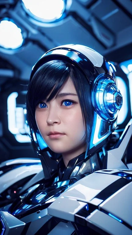 Wide-angle shot, 1 female, Mecha, Glowing blue-black eyes, Very cute face, (Realistic:1.37), バイオMechaニカル, Spaceship interior bokeh background, Ultra-realistic, Very detailed, Very intricate details, Beautiful woman in focus