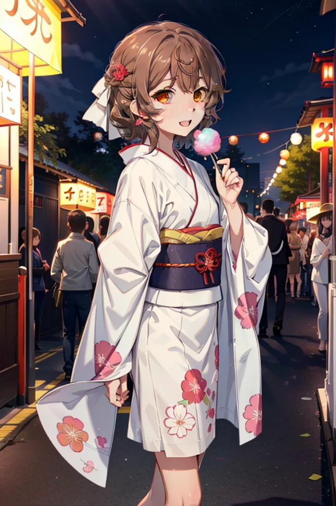 Lililukarde, (Brown eyes:1.7), Brown Hair, (Flat Chest:1.2), short hair,smile,blush,Open your mouth,night,Brown kimono,mini skirt,He is holding cotton candy in his right hand and a clear bag full of cotton candy in his left hand.,Japanese Festivals,Summer festival food stalls,Red lantern,whole bodyがイラストに入るように,
break looking at viewer,whole body, (Cowboy Shot:1. 5),
break outdoors, Veranda,
break (masterpiece:1.2), Highest quality, High resolution, unity 8k wallpaper, (figure:0.8), (Beautiful attention to detail:1.6), Highly detailed face, Perfect lighting, Highly detailed CG, (Perfect hands, Perfect Anatomy),