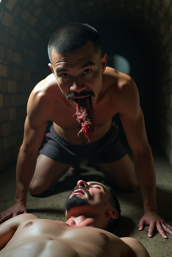 (photorealism:1.2), creates the image of a man in the dark in a catacomb, This one is on all fours and in its mouth it has a piece of meat that seems to have been torn from the body of a naked man lying in front of it.. Make this image super realistic. The guy I'm looking to represent is a bit dark, young, with buzzcut haircut, defined mustache, almond-shaped eyes and defined jaw, He has the physical build of a rugby player