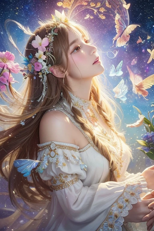 (masterpiece, Highest quality, Highest quality, Official Art, beautifully、aesthetic:1.2), (One person), Very detailed,(Fractal Art:1.3),colorful,Most detailed, White tunic dress、Flowers, feathers and butterflies々Decorative long hair、Soft Lighting、mysterious、Holiness、goddess、universe、Eternal love、crystal、grow、create、dream