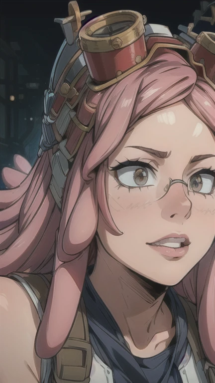 a detailed portrait of Mei Hatsume, 1girl, beautiful detailed eyes, beautiful detailed lips, extremely detailed face, longeyelashes, wavy pink hair, mechanic or inventor outfit, goggles, confident expression, mechanical workshop background, (best quality,4k,8k,highres,masterpiece:1.2),ultra-detailed,(realistic,photorealistic,photo-realistic:1.37),vibrant colors,dramatic lighting