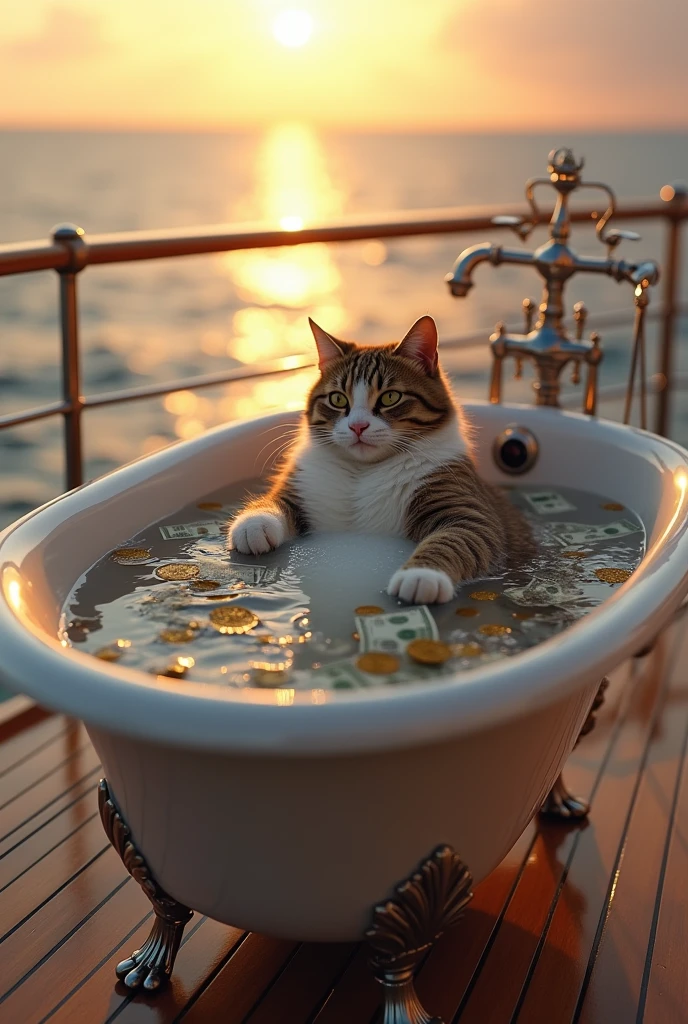 In the evening, a cat is bathing with money in a beautiful bathtub on a luxury yacht in the ocean