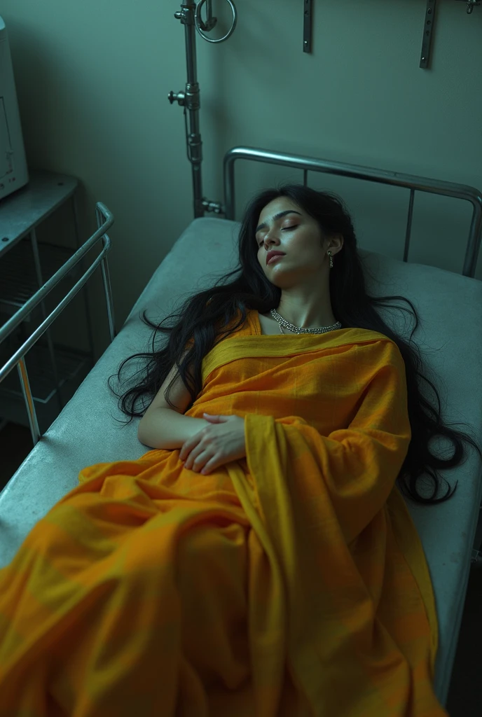 A beautiful girl in safron check saree sleeping in a morgue bed