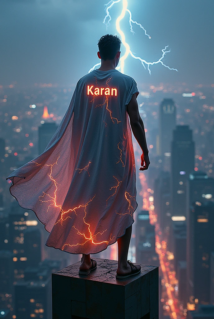 A man standing on the top of the building with a lightning dress, in dress it should be written Karan at the back of the dress