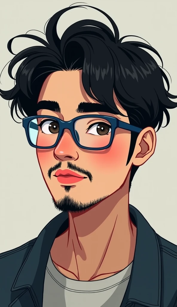 I am a man with short, black, wavy hair with an American cut., with very black eyebrows, with a round face and a little cheeks, lips a little thick, I wear blue framed glasses with square lenses. I'm 2 and I like games, thin black mustache and beard. In a kind of Asian style, just the eyes, I don't wear earrings. I'm a little strong and a little full