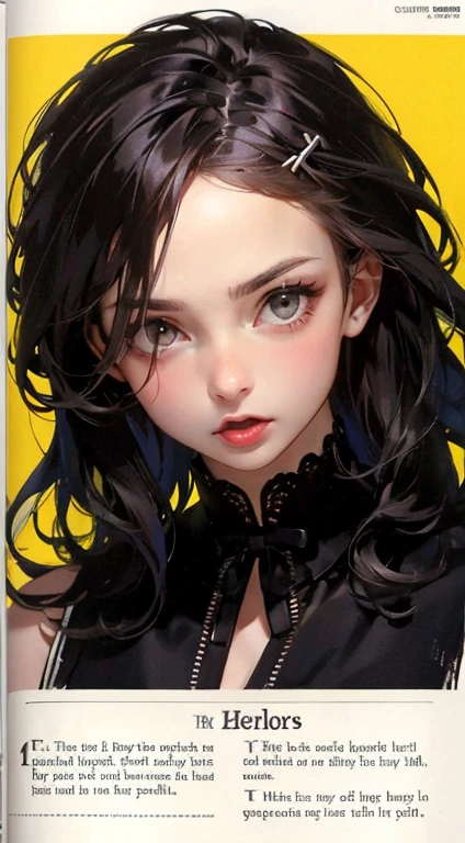 The whole is dyed in yellow, her skin color is yellow, her skin color is yellow (6 to ), her eyes are big and scary, her eyes are red, her eyes are almost black and red and yellow, there is no light in her eyes, her hair is very long, her hair is red, her bangs are gathered on the left side, there is a black ribbon on the right side of her head, there is a small skull toy under the ribbon, she is sick, she has a little open her mouth, there are various letters in the background, (English), digital, high image quality, delicate,