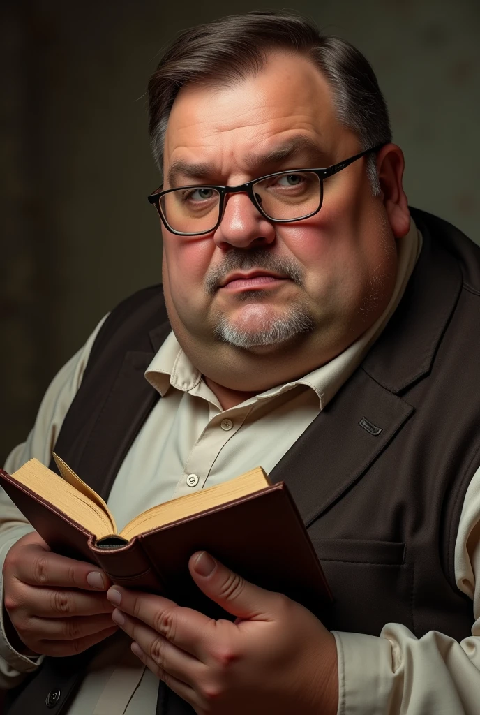 Make a portrait of a guy, fat with parted hair, square glasses and a bible in hand from the chest up