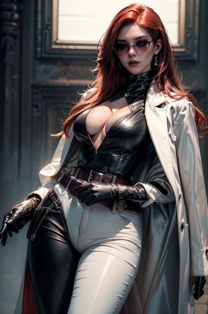 [cowboy shot], a beautiful young woman with long red hair, detailed facial features, ((wearing high quality high waist black leather pants)), ((a formal white colored silk shirt with cleavage and long sleeves)), ((a white fur coat on shoulders)), ((luxury waist belt)), ((red tinted glasses)), ((black leather gloves)), ((expensive reflective silk scarf)), holding a handbag, hand on waist, (best quality,4k,8k,highres,masterpiece:1.2),ultra-detailed,(realistic,photorealistic,photo-realistic:1.37),high fashion,editorial,dramatic lighting,cinematic,vivid colors,intricate details, glamorous