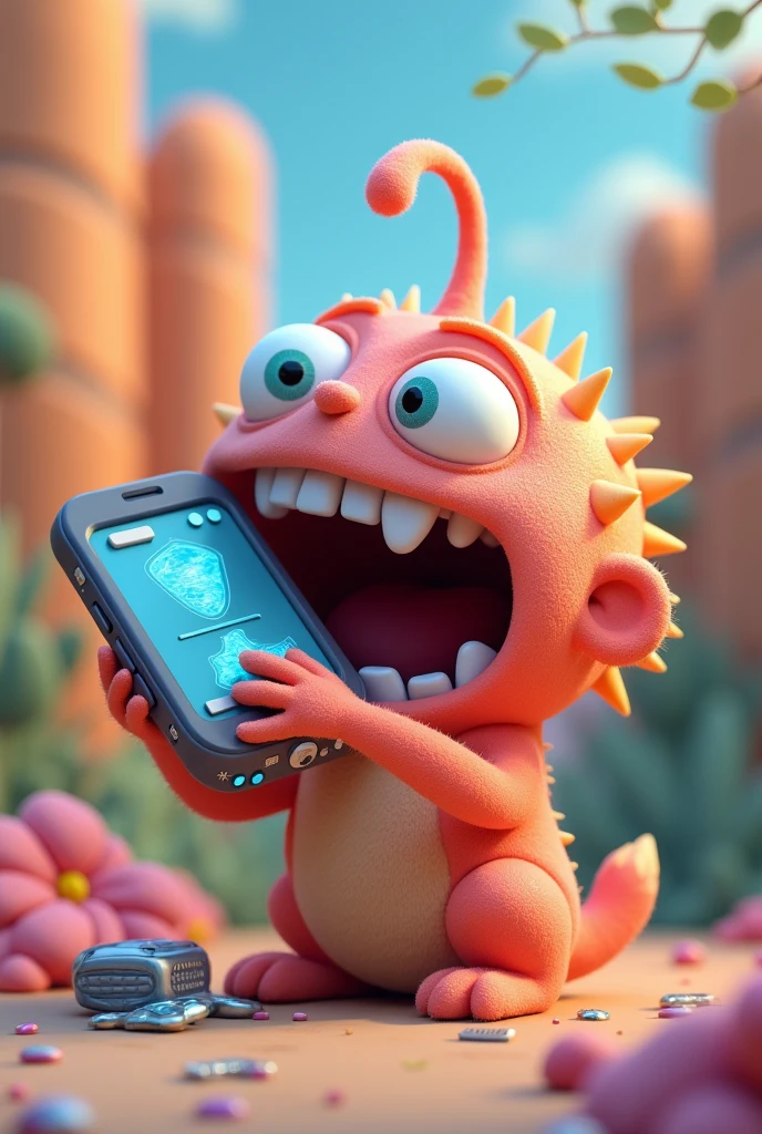 3d Cartoon eating Mobile Phone