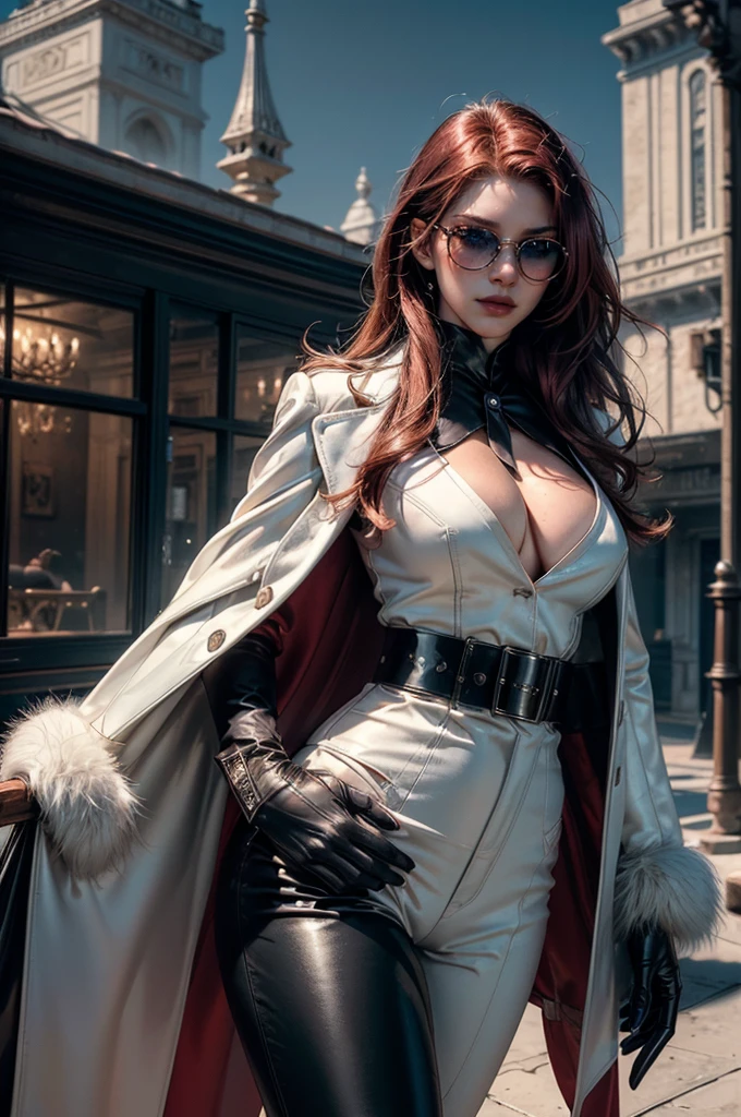 [cowboy shot], a beautiful young woman with long red hair, detailed facial features, ((wearing high quality high waist black leather pants)), ((a formal white colored silk shirt with cleavage and long sleeves)), ((a white fur coat on shoulders)), ((luxury waist belt)), ((red tinted glasses)), ((black leather gloves)), ((expensive reflective silk scarf)), holding a handbag, hand on waist, (best quality,4k,8k,highres,masterpiece:1.2),ultra-detailed,(realistic,photorealistic,photo-realistic:1.37),high fashion,editorial,dramatic lighting,cinematic,vivid colors,intricate details, glamorous