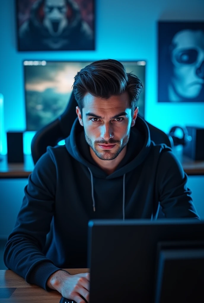 A handsome 2 young man is looking directly at the camera from a frontal perspective in a dark gaming room. The environment is illuminated by soft blue LED lights, casting a cool glow around him. He is sitting at a sleek gaming desk filled with high-tech equipment, including a gaming monitor, keyboard, and mouse. The background features various gaming posters and futuristic decor, enhancing the immersive atmosphere of the space. His expression is focused and engaged, reflecting the intensity of his gaming experience.