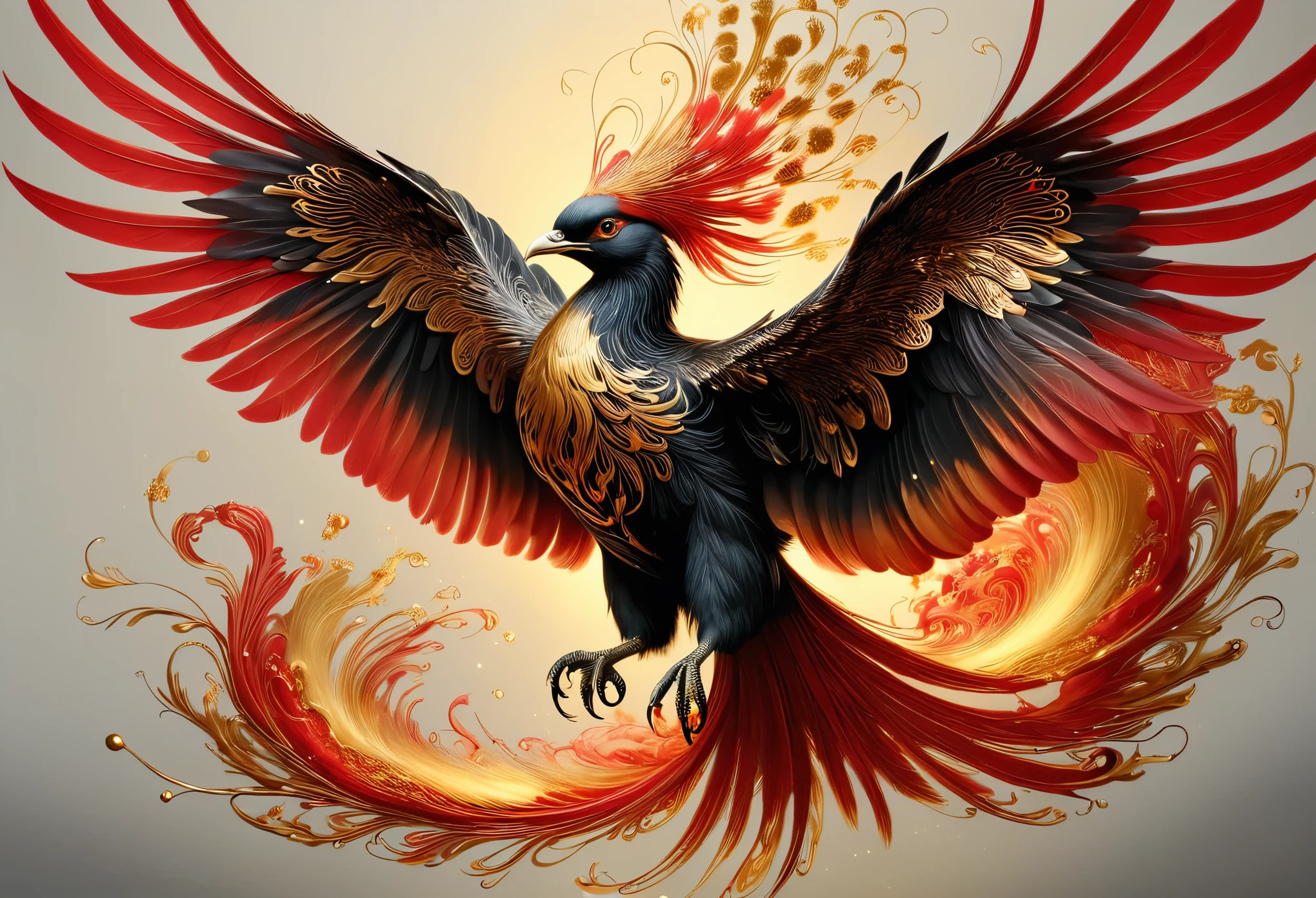 ,gold leaf art, makie style, gold ink art, beautifully intricate flying phoenix  delicately drawn with a brush, using only flame red ink, Envision the graceful strokes capturing the elegance of the phoenix's feathers and flame, with the rich flame red ink bringing out the fine details, Emphasize the beauty and delicacy of the phoenix's features and flame, utilizing the simplicity of flame red ink to convey the essence of this majestic bird, creating a visually stunning representation of a phoenix expressed solely through the artistry of black ink on paper,lineart,LineAniAF,oil paint,Flora, Obsidian_Gold