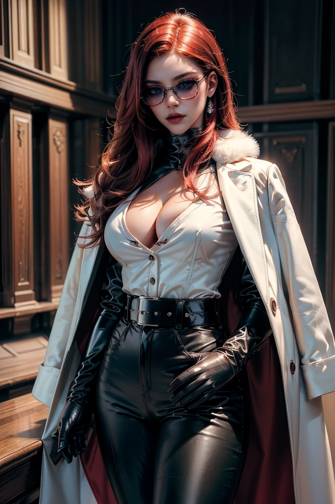 [cowboy shot], a beautiful young woman with long red hair, detailed facial features, ((wearing high quality high waist black leather pants)), ((a formal white colored silk shirt with cleavage and long sleeves)), ((a white fur coat on shoulders)), ((luxury waist belt)), ((red tinted glasses)), ((black leather gloves)), ((expensive reflective silk scarf)), holding a handbag, hand on waist, (best quality,4k,8k,highres,masterpiece:1.2),ultra-detailed,(realistic,photorealistic,photo-realistic:1.37),high fashion,editorial,dramatic lighting,cinematic,vivid colors,intricate details, glamorous