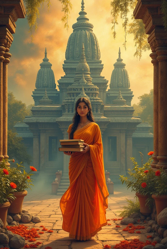 I want an image with temples in South India and a girl standing with books in her hand. The background is texture with mixed colours and it should be fantastic Indian culture (Tamil)!