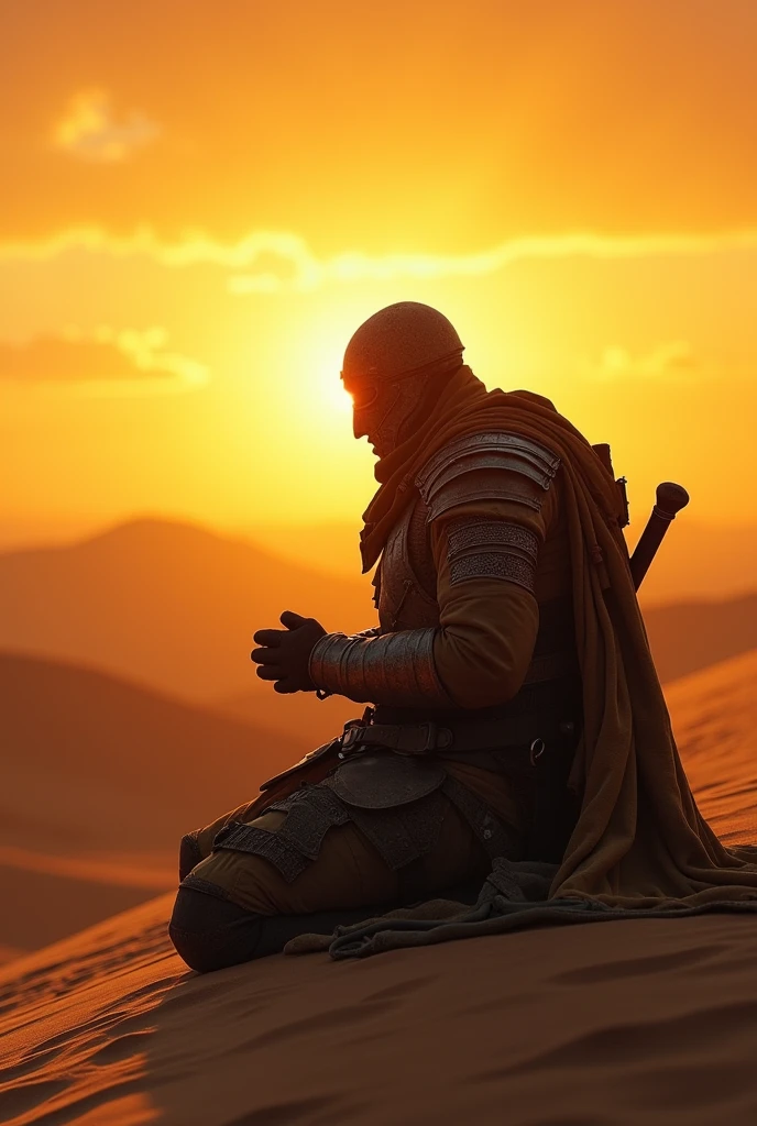 Man wearing battle gear, masked in desert, praying to God at sunset
