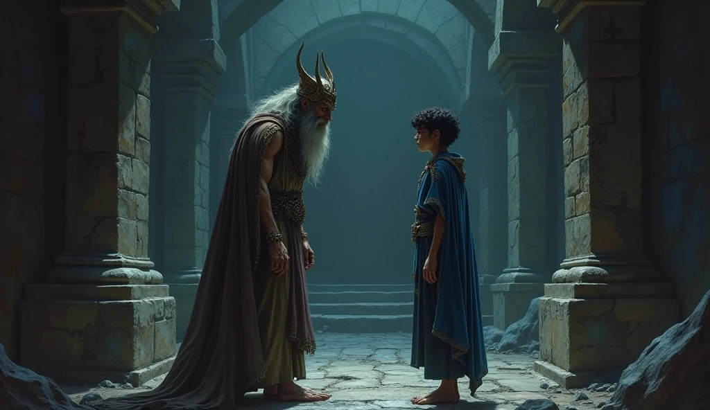  "A solemn dungeon deep beneath the palace. King Subala, now gaunt and frail, with his regal attire tattered, hands a piece of bread to a younger Shakuni, whose sharp features are now shadowed with grief and determination. The scene is lit by faint torchlight, with rough stone walls and a heavy air of despair. Shakuni’s eyes gleam with the first hint of the revenge to come, his blue and silver attire now dulled by the dark atmosphere."