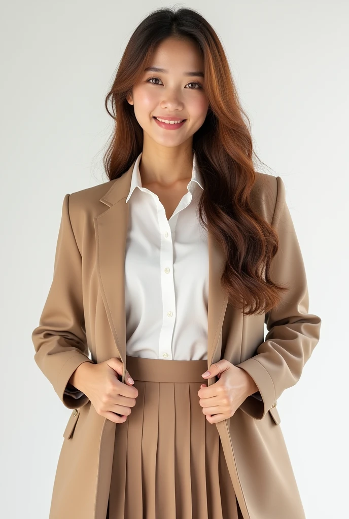 Flattery 8k
(Model)Thai women are confident and beautiful.++,
Chom&#39;s body has long, beautiful, golden brown hair and a sharp, beautiful face.
, Luxurious formal sports fashion, Modern Thai-inspired design,
Wear a blazer with a white shirt underneath.(The Rattle)+ Blue White ,Beautiful stork in Thai style
+Pleated skirt reflects modern life. White background inspired by Thainess ‹ and smile. Straight pose shows confidence and determination. Turn your back and look at the camera. Hands on hips. Smile confidently. Look straight at the camera. (Highly detailed) (Very realistic) ++ Realistic 8k smile a lot