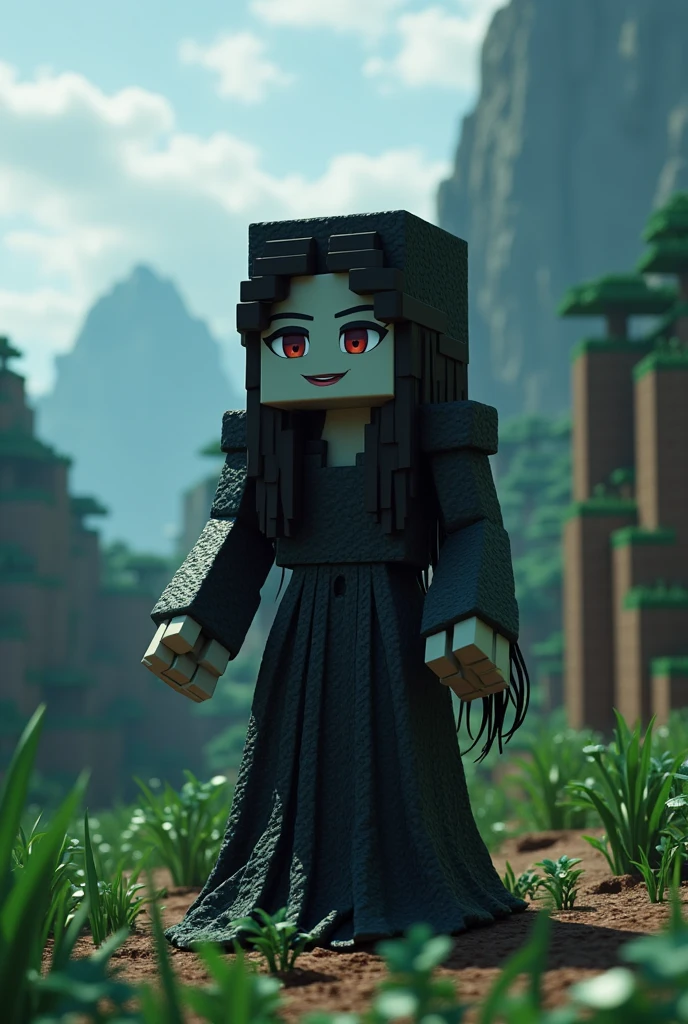 A beautiful woman converting slowly into a evil witch in minecraft world